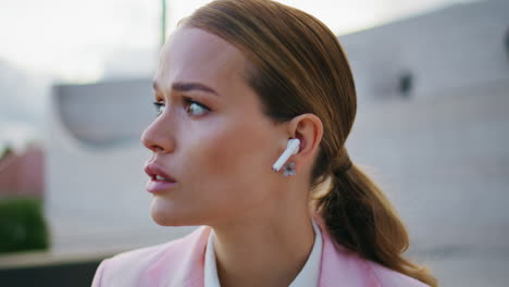 entrepreneur earphones discussing work closeup. businesswoman calling headphones