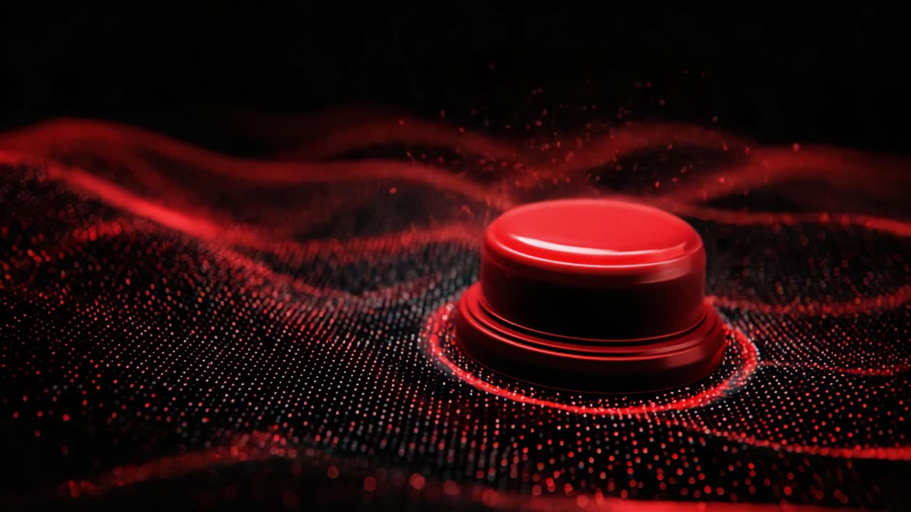 A striking red button illuminated against a dark background, surrounded by dynamic waves of red particles, creating a captivating digital atmosphere for interaction and engagement