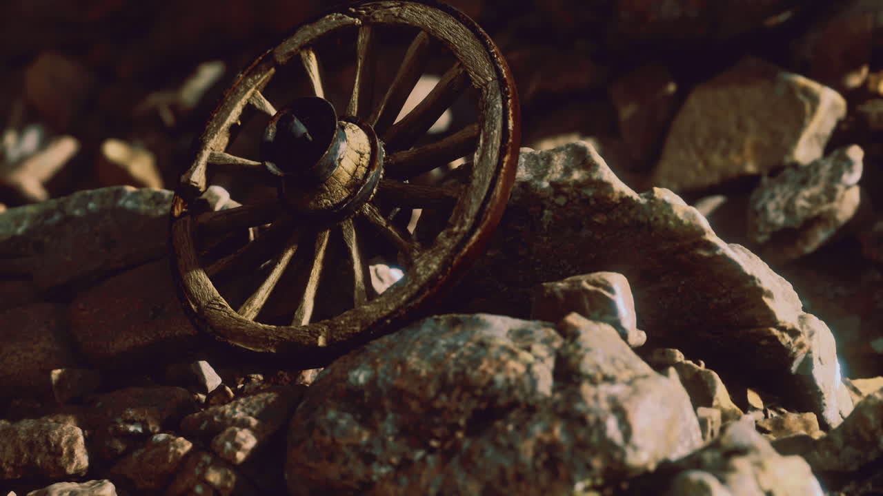 Ancient wooden cart wheel resting on rocks in a sunlit landscape