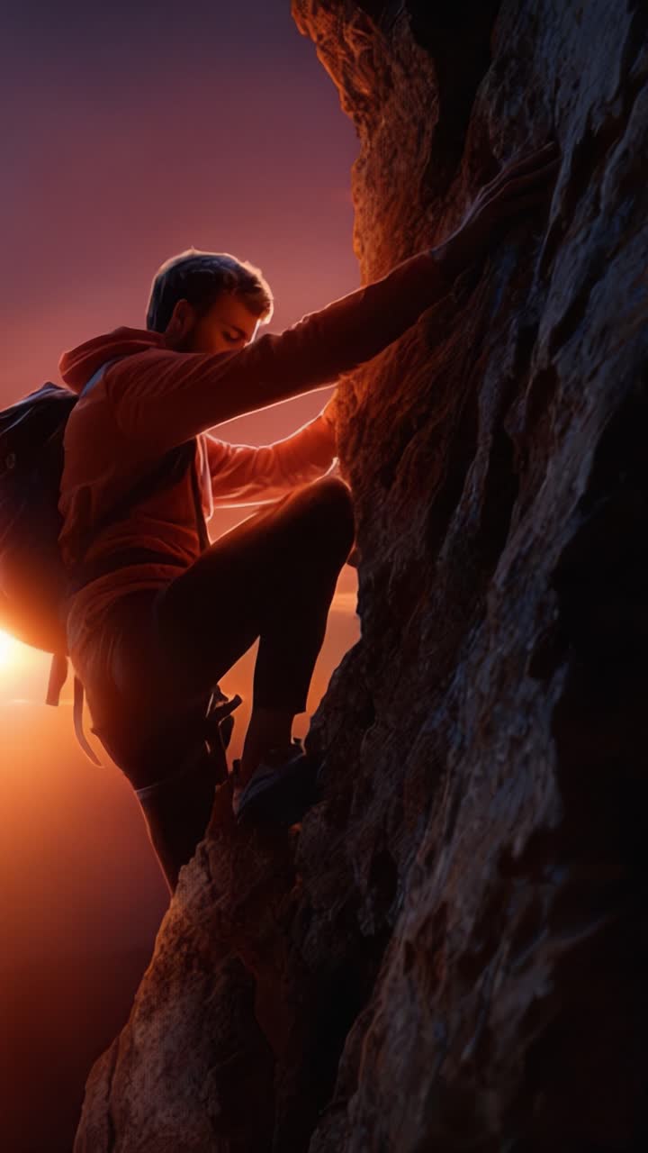 Um escalador apaixonado escalando uma face rochosa acidentada sob um belo céu de pôr do sol, capturando o espírito de aventura e determinação no abraço da natureza.