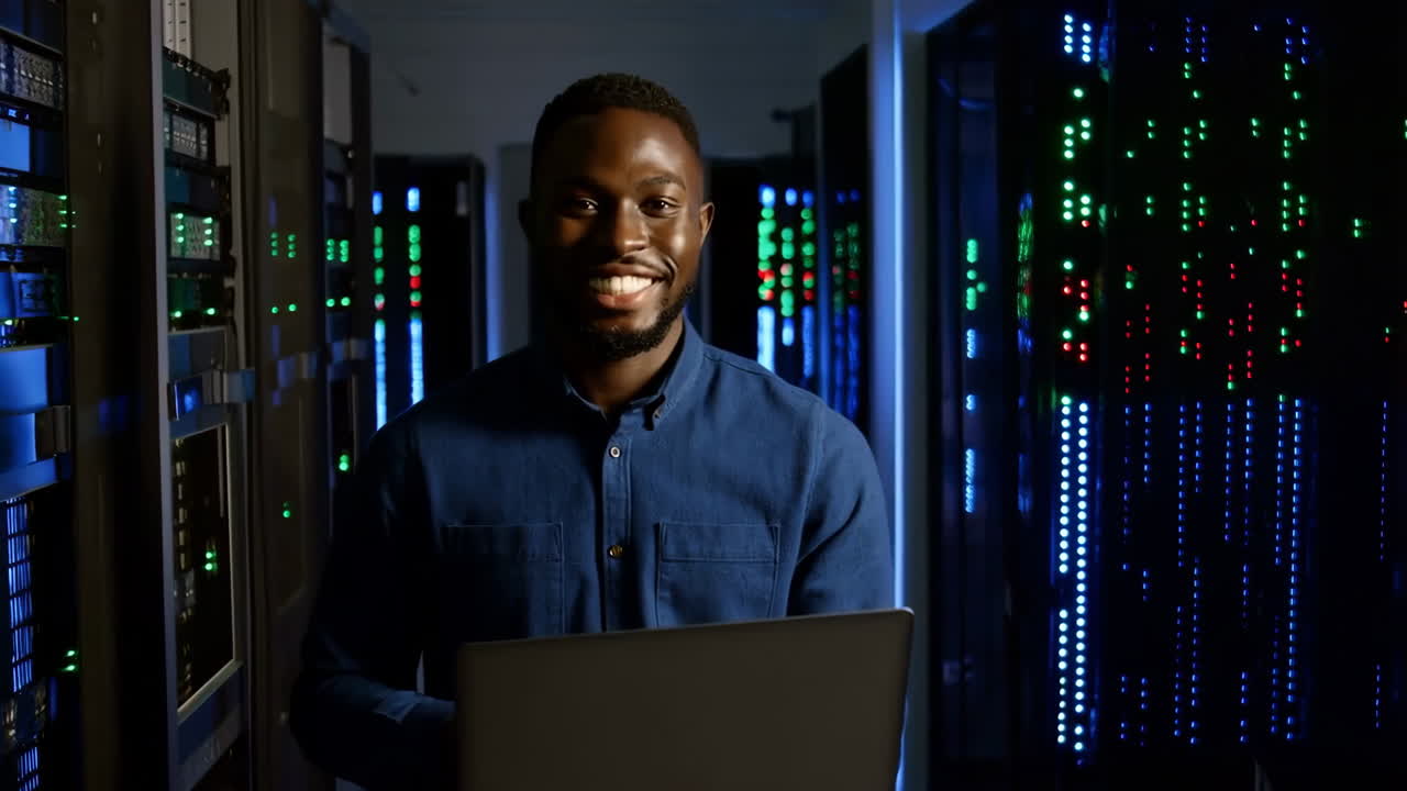 Smiling IT Professional Working in a Data Center with Laptop