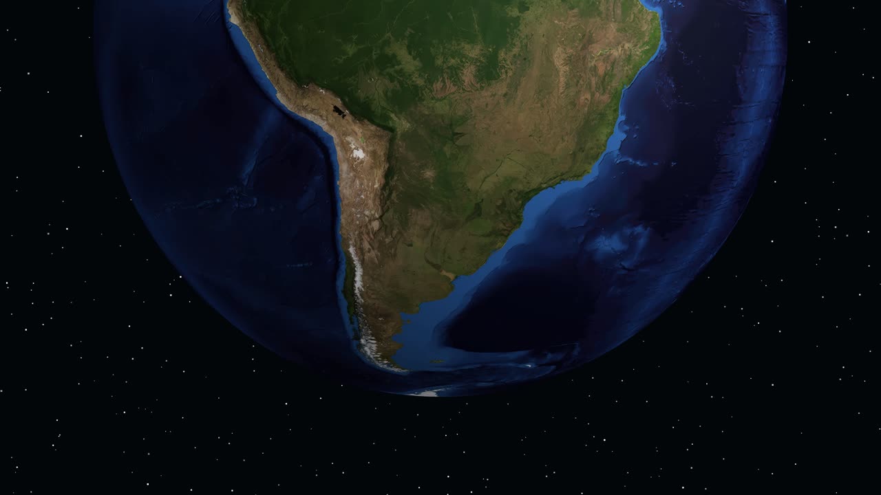 Digital globe rotates and zooms into South America, highlighting Valdivia, Chile with informational text