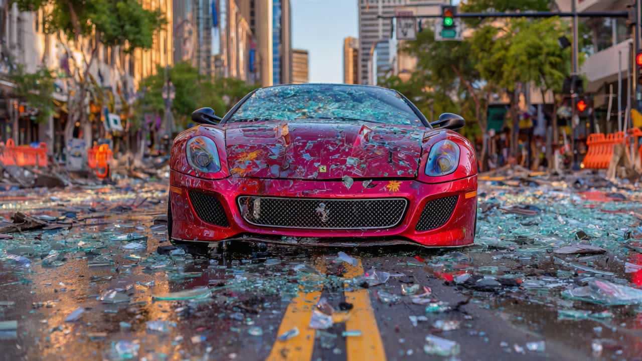 A striking pink sports car dominates a shattered urban street, surrounded by glass debris and signs of chaos in a vibrant cityscape caught in a moment of stillness