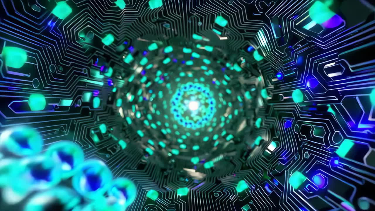 Futuristic Circuit Tunnel with Glowing Particles