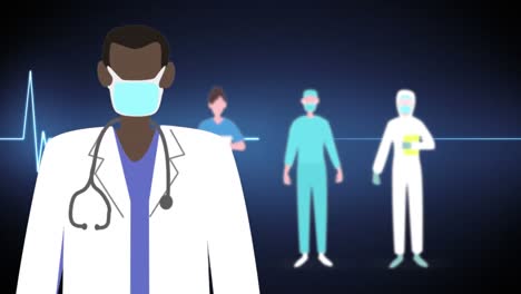 animation of medical workers with a mask and electrical activity of the core background