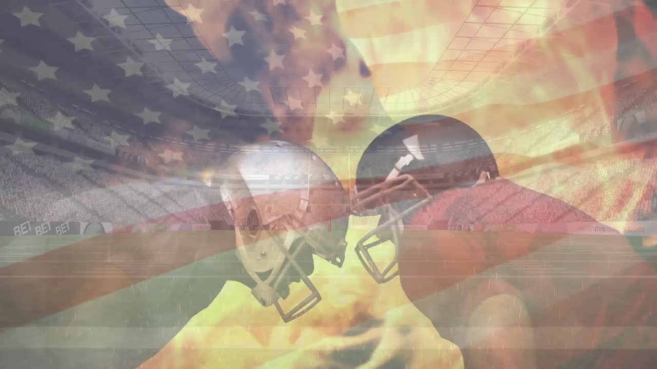 jugadores de rugby de pie cara a cara con fuego animado ardiendo y bandera estadounidense ondeando en la parte posterior