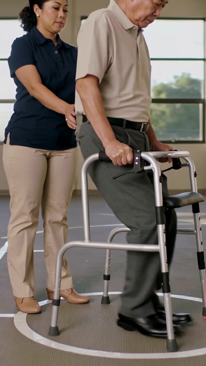 Vertical video: Rising senior in beige polo with walker, walking rehab circle, aide steadying back