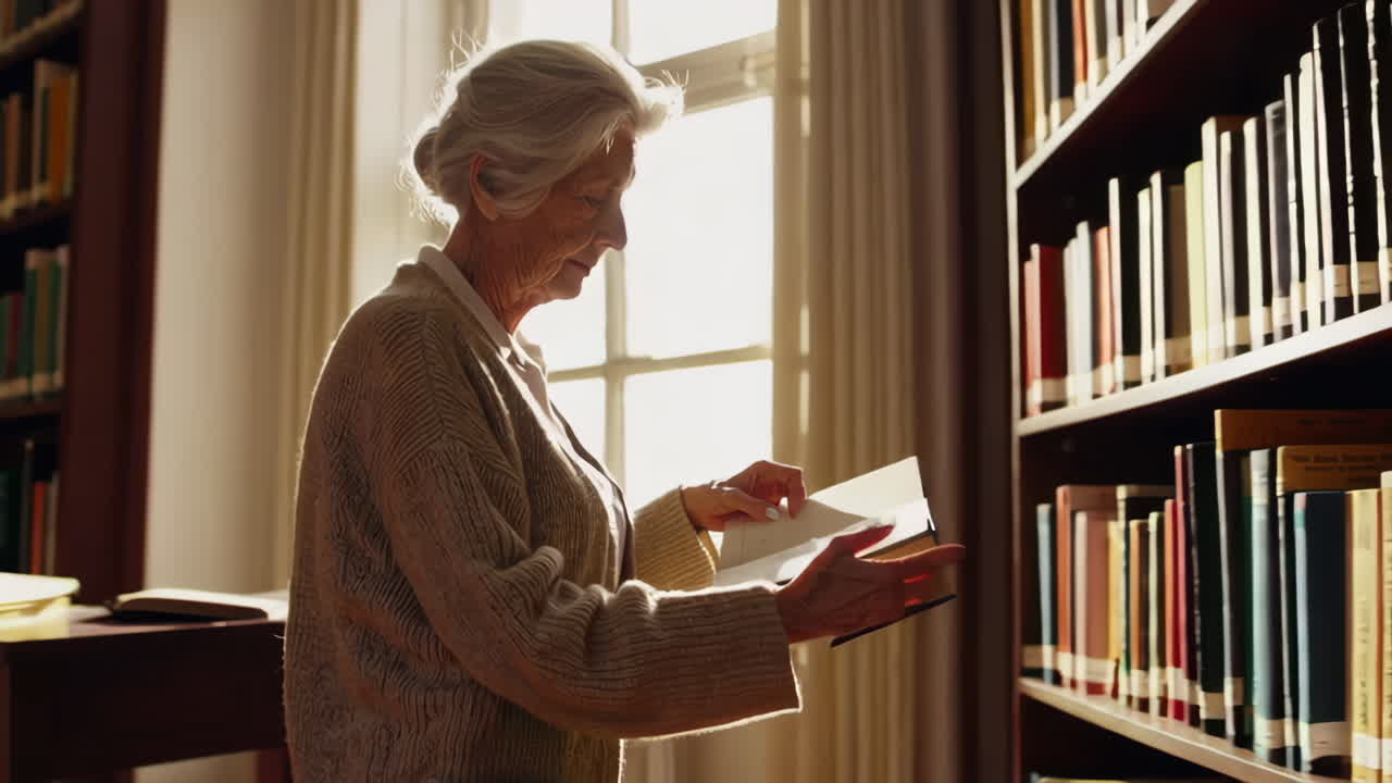 Senior Woman Reading in a Library