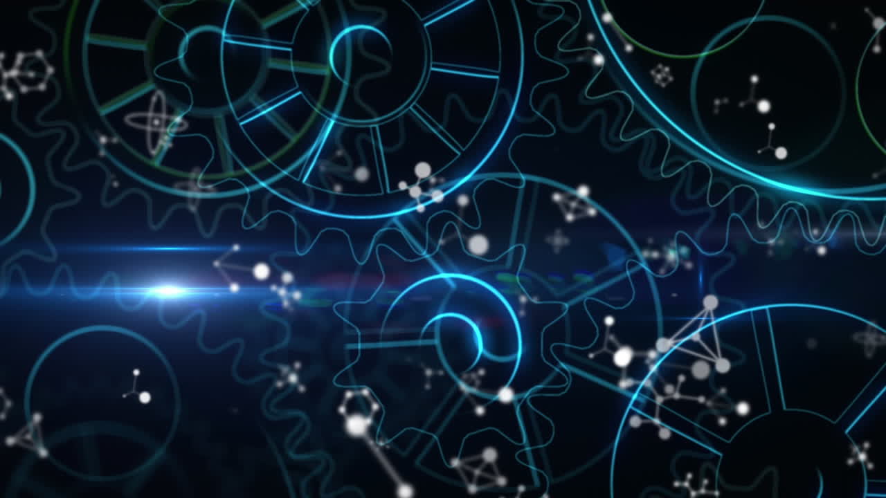Animation af bevægelige mekaniske tandhjul over lens flares mod sort baggrund