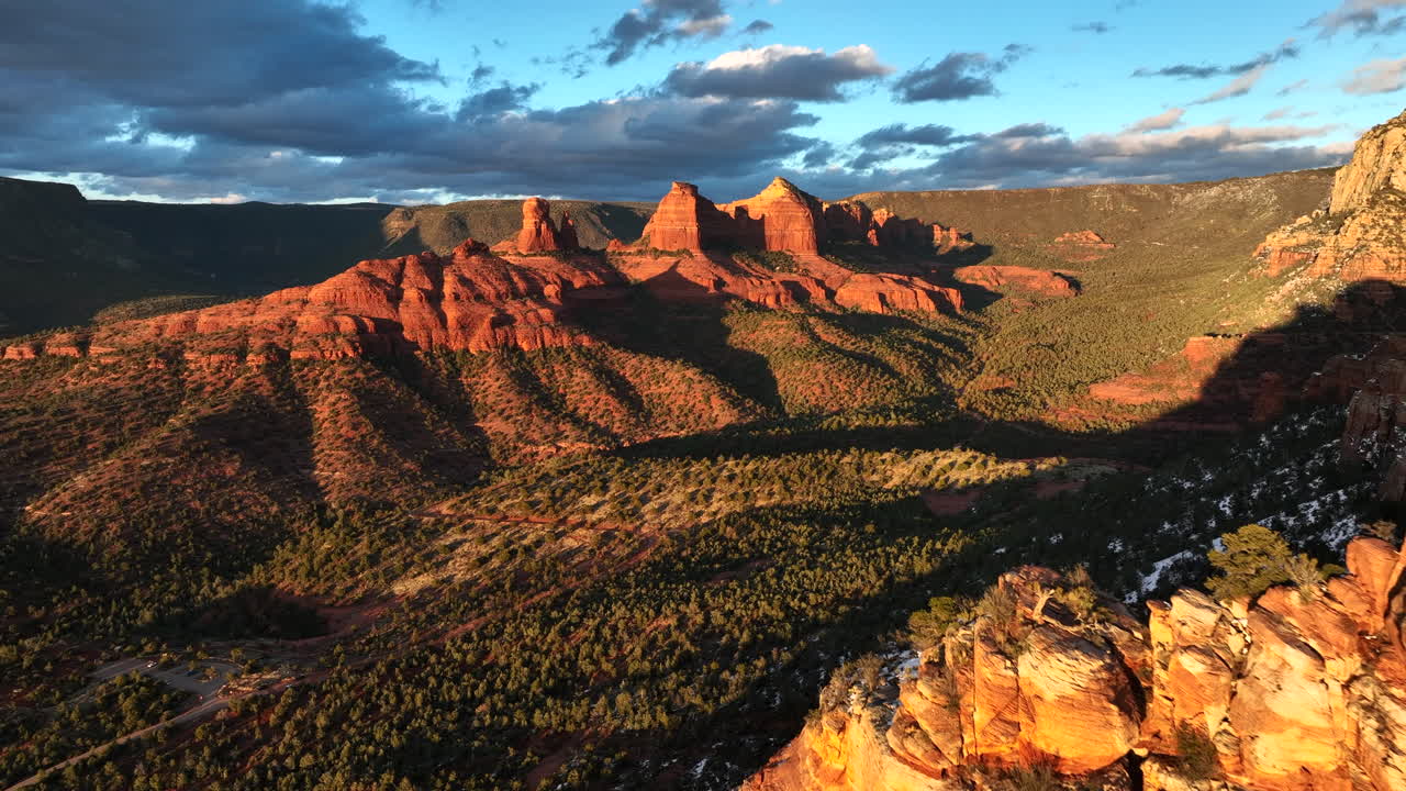 Scenery Of Sedona Red Rocks During Sunset In Arizona, USA - Drone Shot