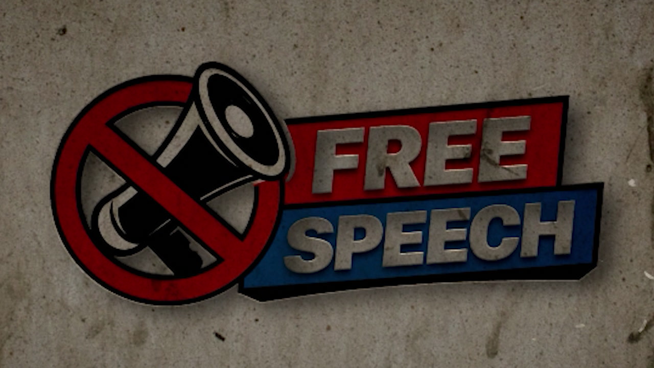 Symbolic animation of free speech with a crumbling wall effect.