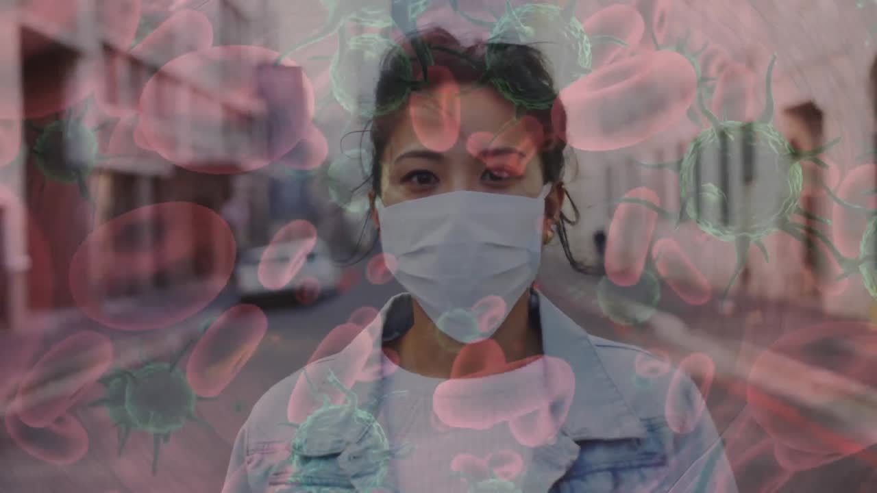 Animation of covid 19 cells moving over woman in face mask