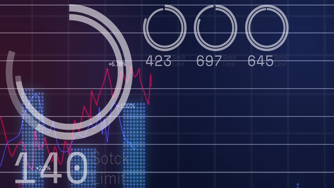 Animazione di cerchi di caricamento, grafici e numeri che cambiano su sfondo nero.