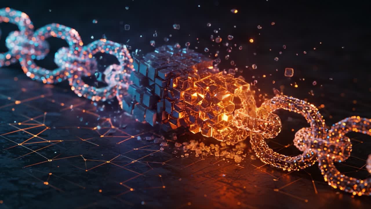 A Stunning Visualization of a Broken Chain, Symbolizing Disruption and Transformation Through Fragmentation and Sparkling Particles in a Digital Realm