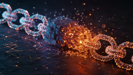 a stunning visualization of a broken chain, symbolizing disruption and transformation through fragmentation and sparkling particles in a digital realm