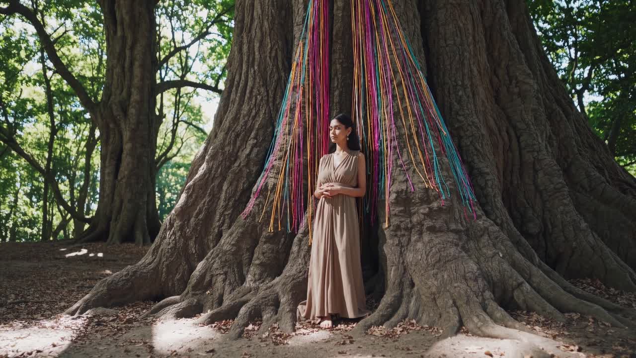Woman in flowing dress stands gracefully by a majestic tree adorned with colorful ribbons, embodying tranquility and connection to nature in a serene forest setting