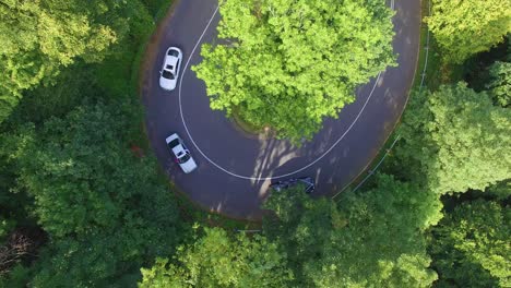 aerial view of cars driving on a windy road in forrest.