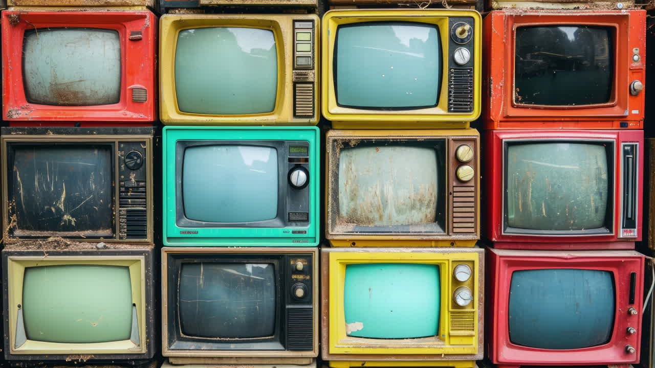 오버레이드 필름 글리치 텍스처를 가진 레트로 텔레비전 세트