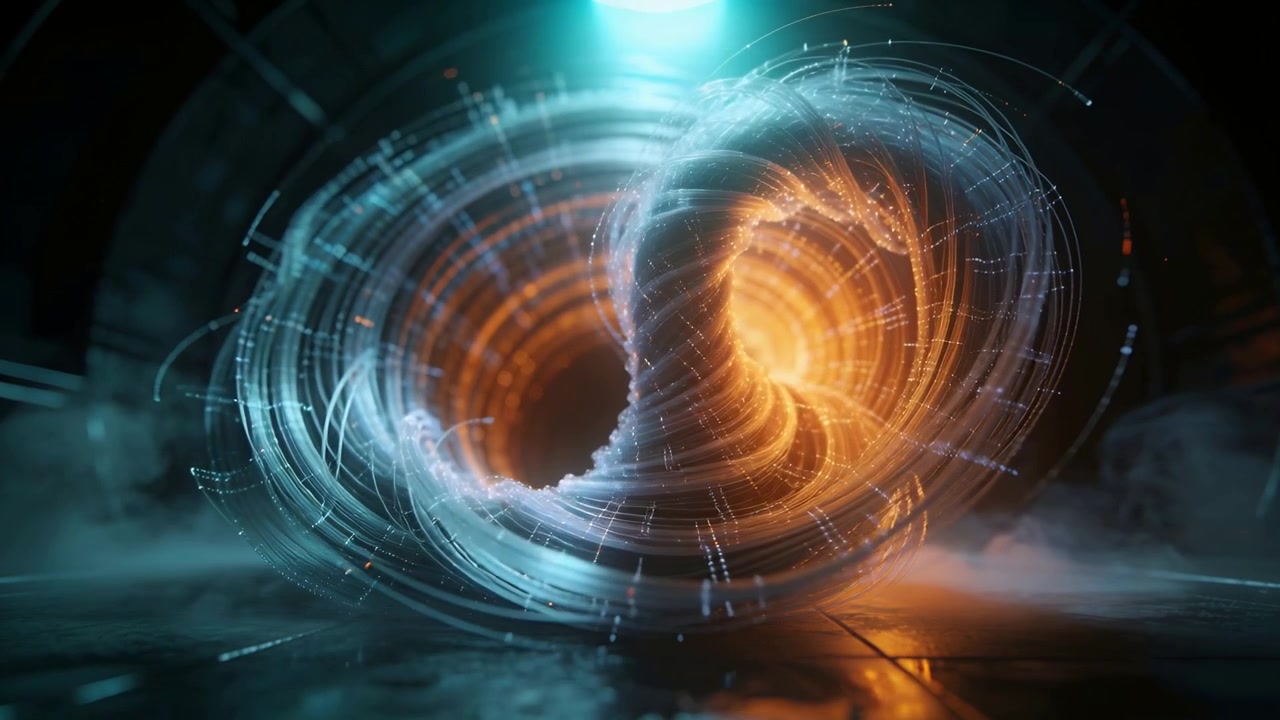 Turkis lysende torus-hvirvel, der roterer og strammes i et hvælvet kammer og afslører en orange kerne