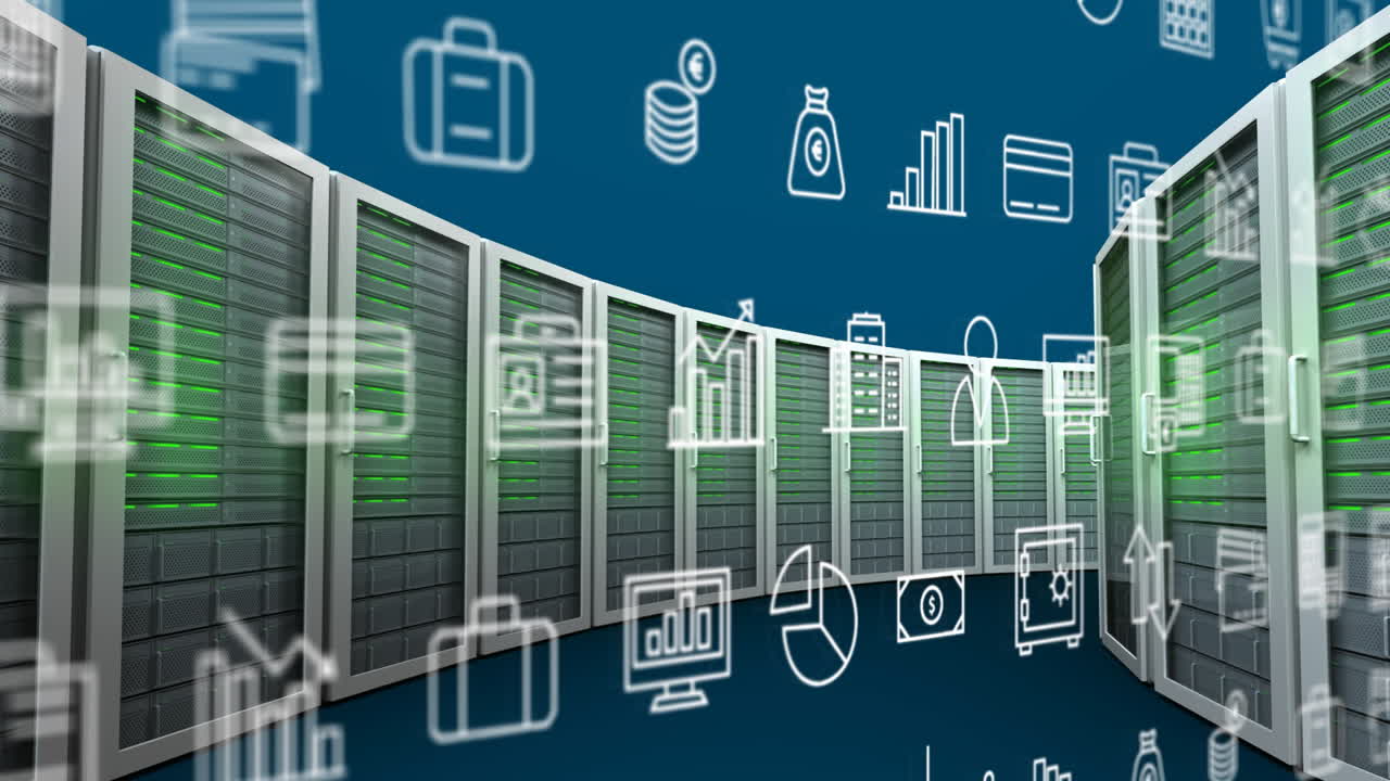 Animation of black shapes over multiple white business and finances icons over servers in two rows