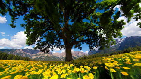 majestic tree in a field of flowers
