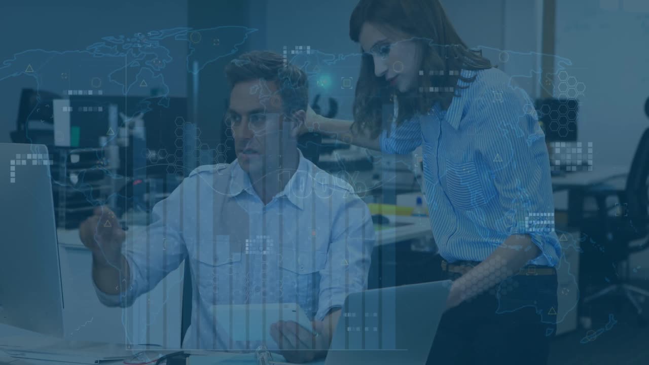 animazione dell'elaborazione dei dati finanziari su diversi uomini d'affari