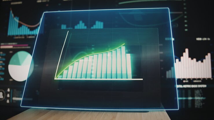 Modern workplace home office with green graph moving up chart as growth and business success