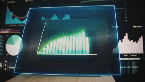 Modernes-Arbeitsplatz-heimbüro-Mit-Grünem-Diagramm,-Das-Diagramm-Als-Wachstum-Und-Geschäftserfolg-Nach-Oben-Bewegt