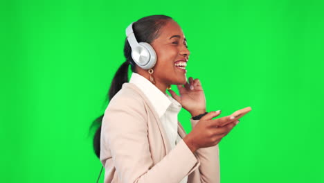 Headphones,-green-screen-and-woman-listening-to
