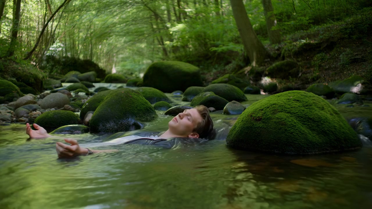 Donna in acqua che galleggia e si rilassa, in un ruscello nel bosco, con rocce coperte di muschio, acqua limpida, con texture di acqua e muschio, da una prospettiva laterale, con accenti verdi e blu, e un'atmosfera serena.