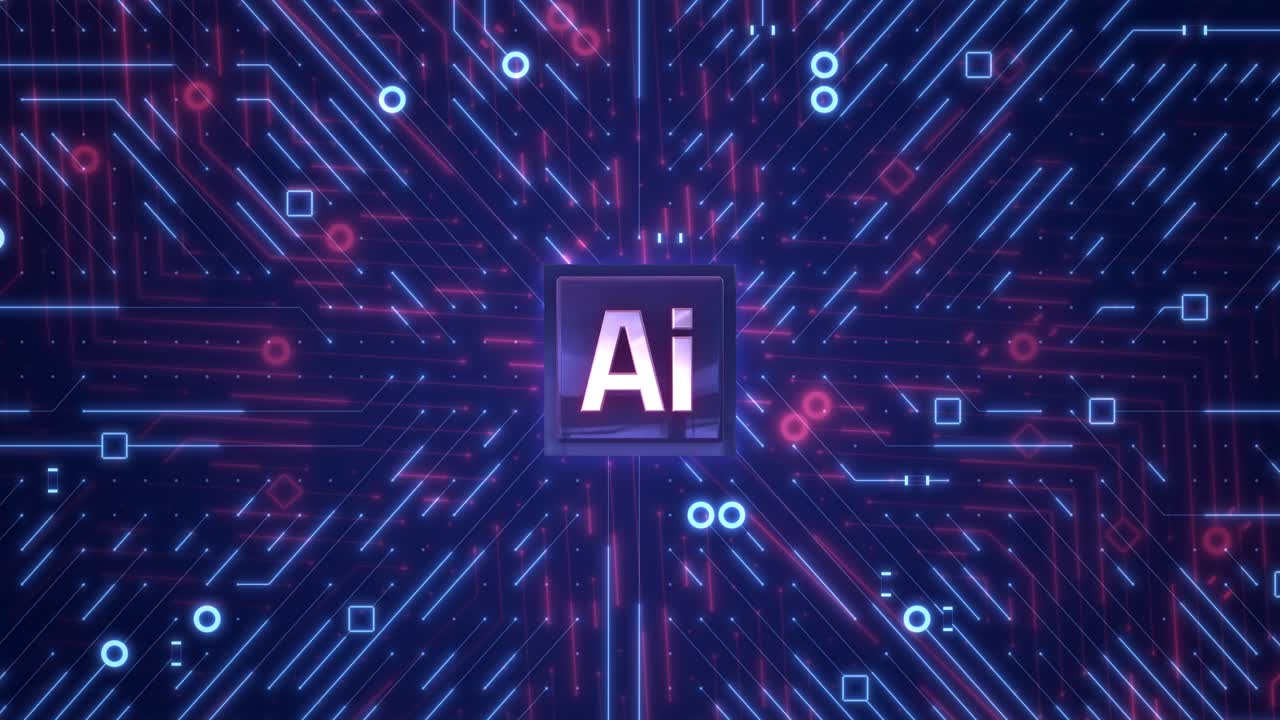 3D-futuristinen tekoälyteknologia: Hohtava piirisiru digitaalisilla piirilinjoilla.