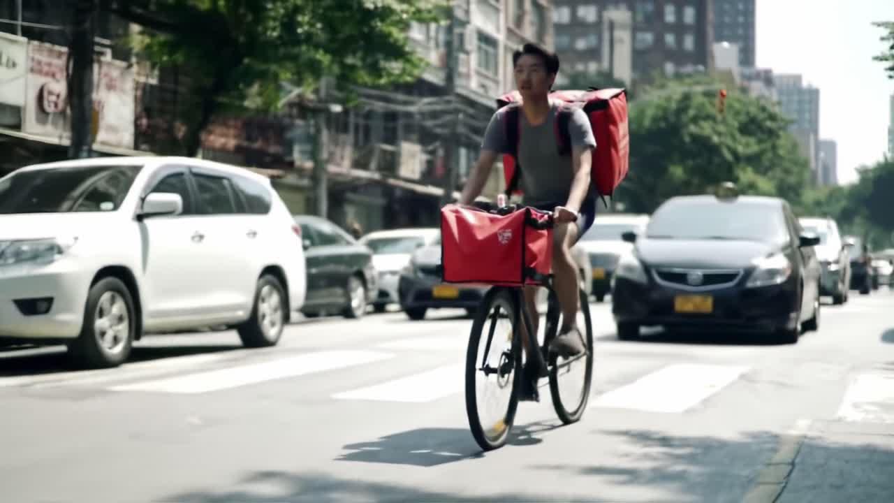 A cyclist delivers food while skillfully maneuvering through heavy traffic in a bustling city. Cars line the streets as pedestrians walk nearby, showcasing urban life.