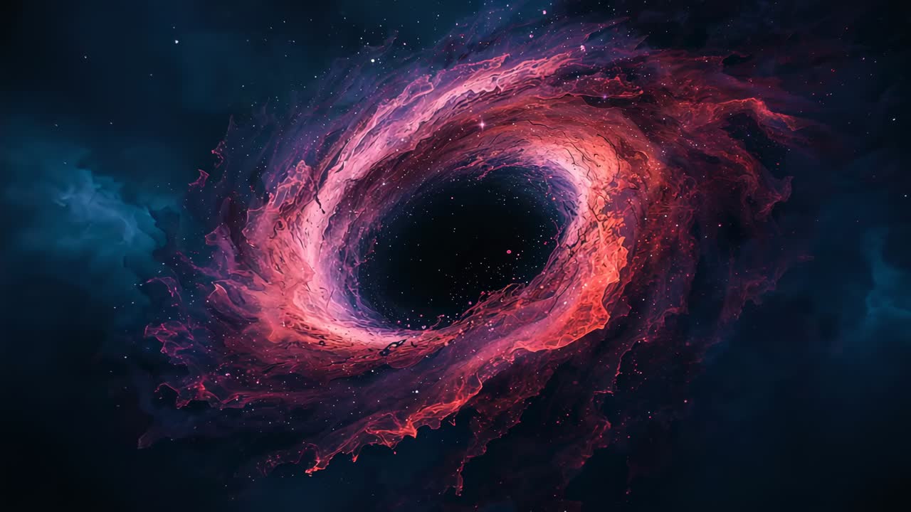 Starting camera drawing viewer into swirling purple pink nebula around dark void in deep space
