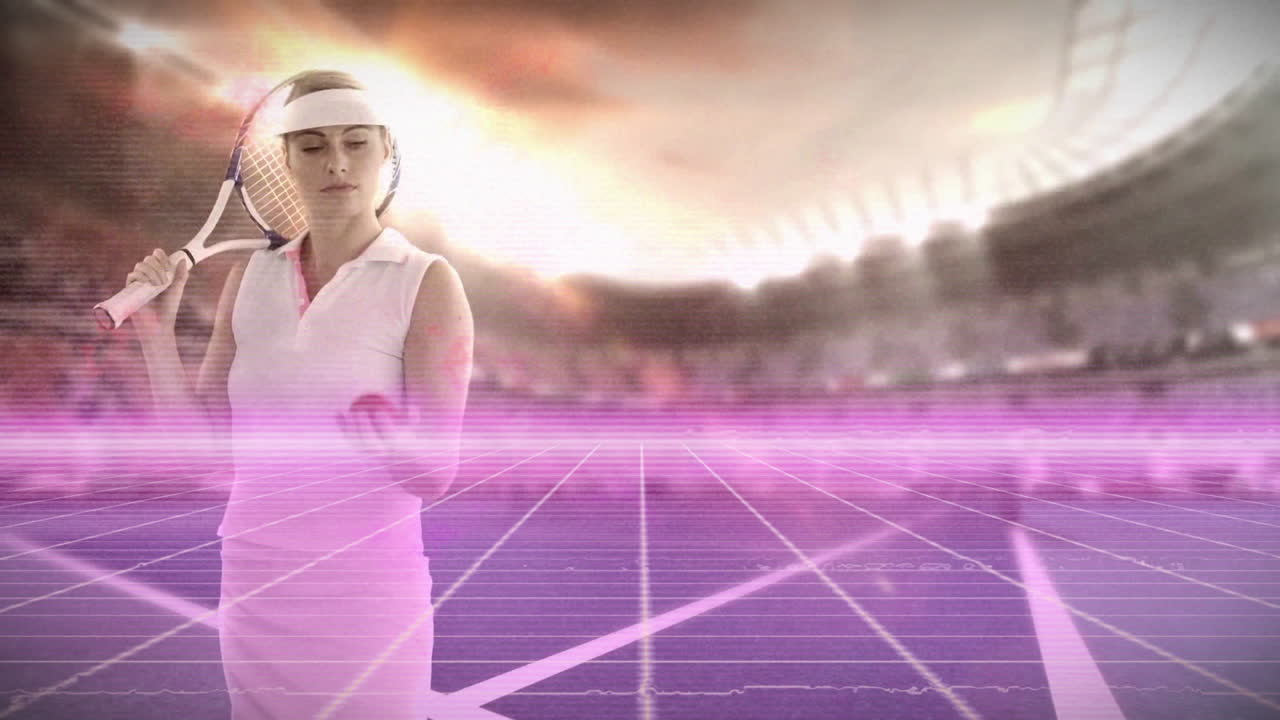 In stadium, tennis player with digital grid and light animation effects