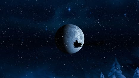 animation of santa claus in sleigh with reindeer over winter scenery and moon