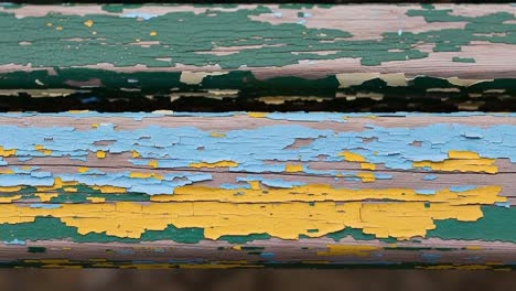 captivating close-up of weathered wooden surface with paint peeling in a variety of colors, showcasing nature's artistry over time