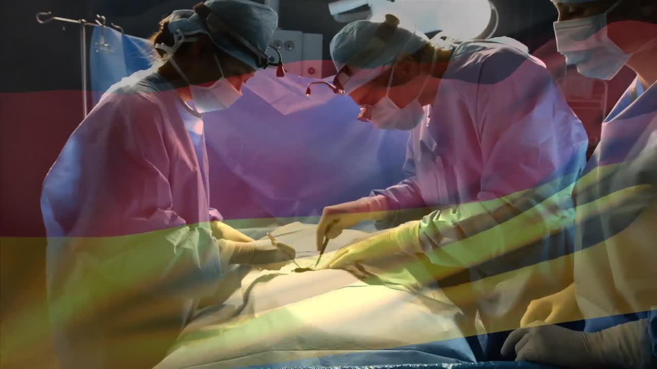 수술실에서 외과 의사 들 위 에 흔들리는 독일 국기 의 애니메이션