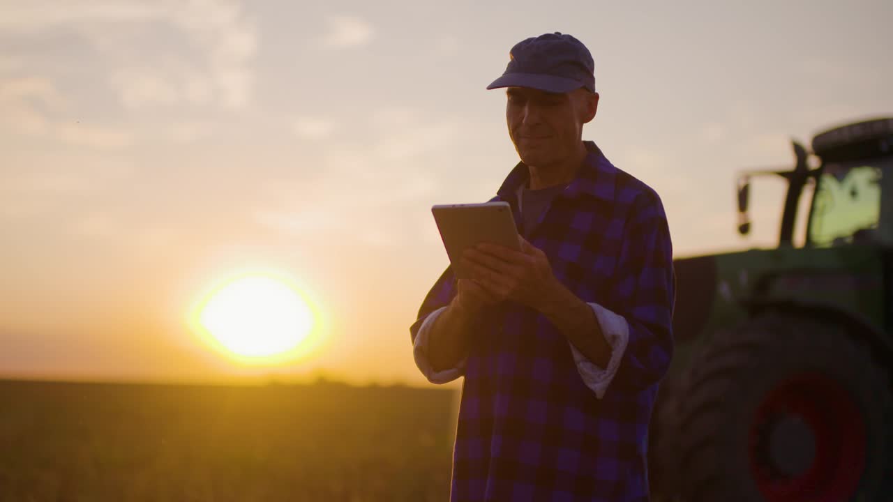 Agricultor usando tablet digital enquanto examina o campo