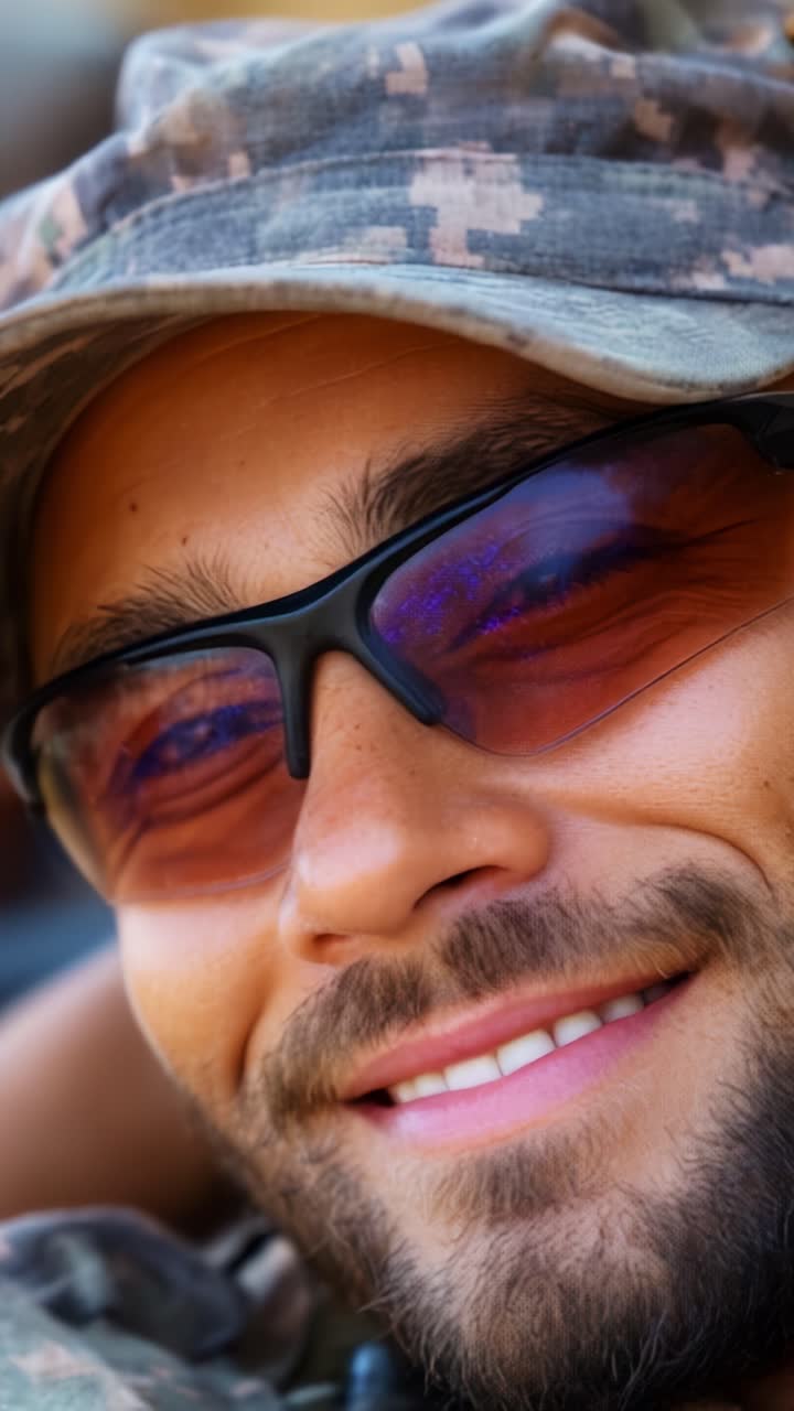 A Close-up Portrait of a Smiling Male Soldier Wearing Sunglasses and a Camouflage Hat, Capturing a Moment of Relaxation and Confidence in a Military Environment