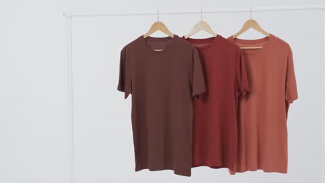 video of three brown t shirts on hangers and copy space on white background