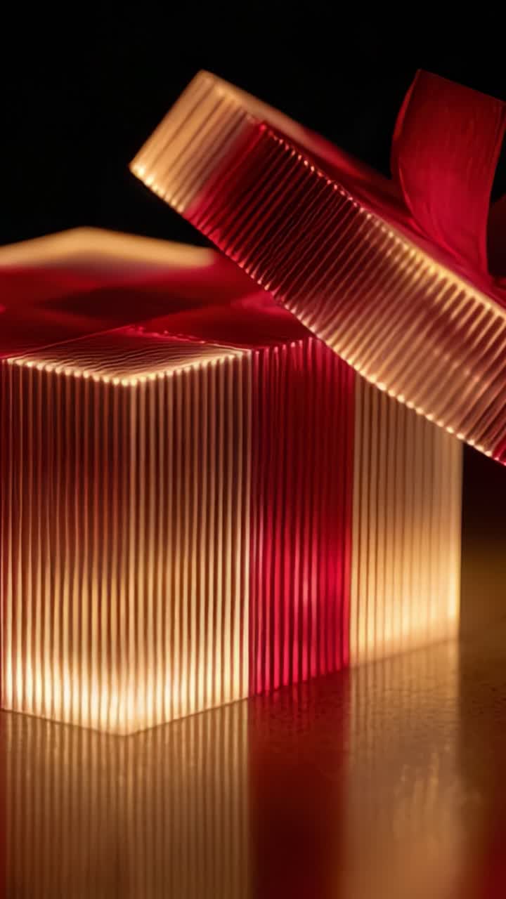 Una scatola regalo splendidamente incartata che brilla delicatamente al buio, mettendo in mostra il suo design elegante e il nastro vivace, perfetta per occasioni speciali e celebrazioni