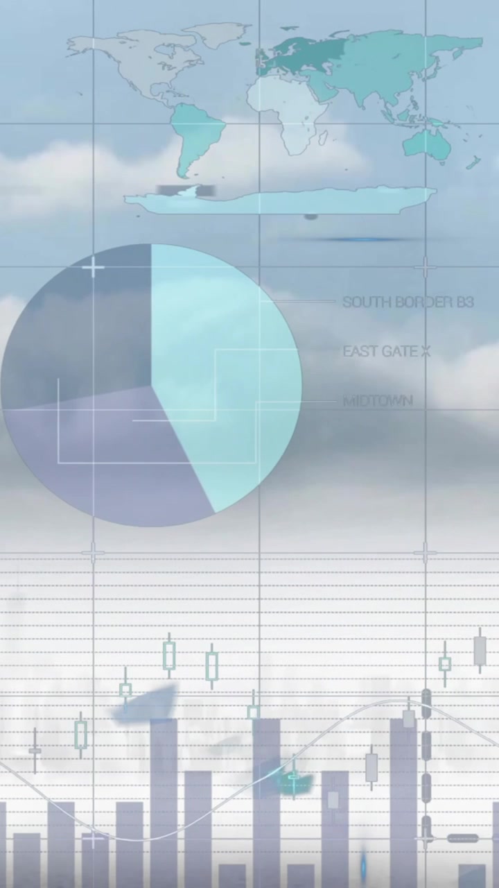 Animazione di grafici che elaborano dati su cielo nuvoloso e paesaggio urbano.