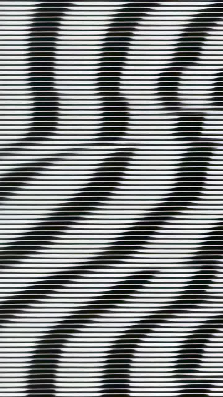 Vertical video: Glitching zebra-stripe bars at 8s then restoring pattern on digital feed