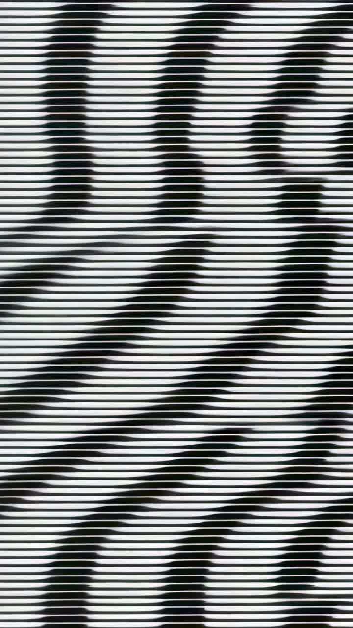 Vertical video: Glitching zebra-stripe bars at 8s then restoring pattern on digital feed