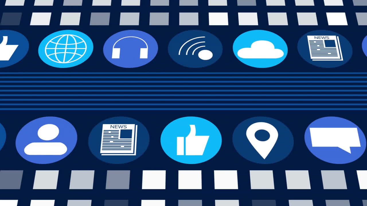 Social media and communication icons animation over blue grid background