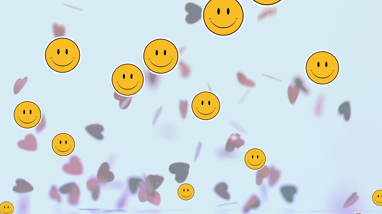 여러 개의 웃는 얼굴 이모티콘이  ⁇  배경에 떨어지는 여러 개의 심장을 떠다니고 있습니다.