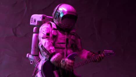 astronaut playing guitar in a neon space environment