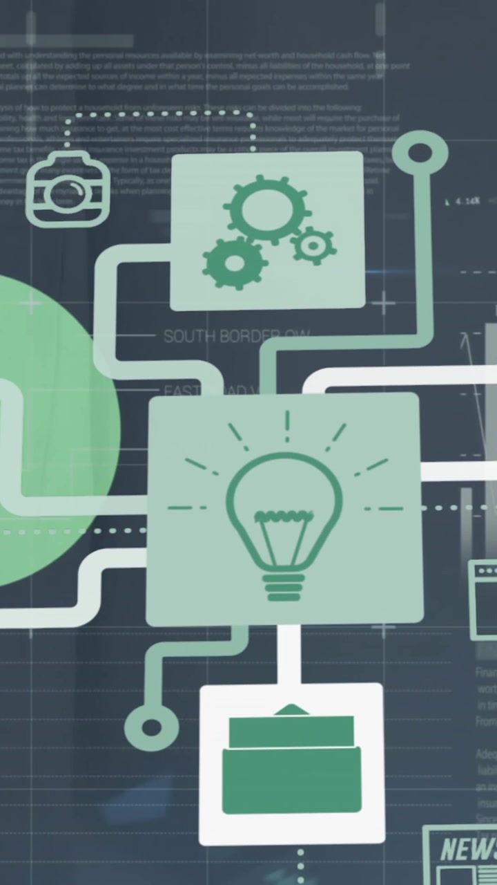 Animated Digital Interface with Business Data and Connected Icons