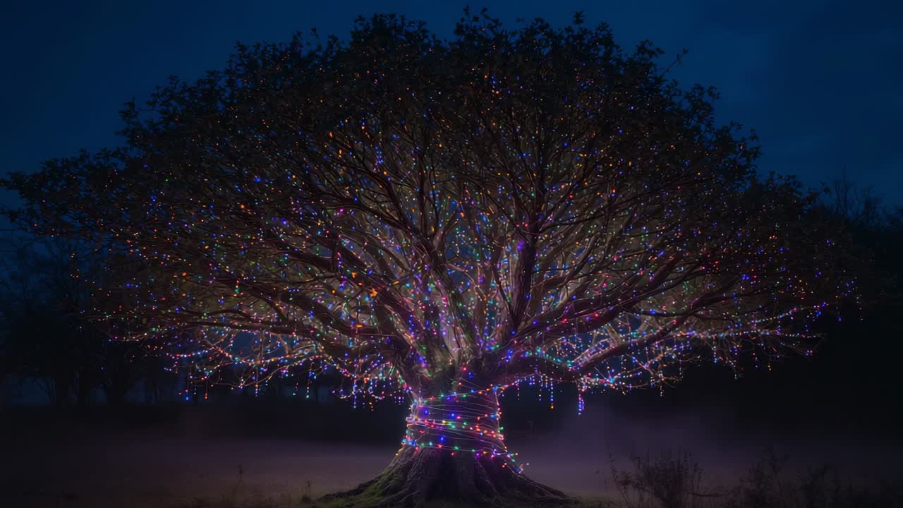 Shimmering string lights on tree glowing amid misty field at night, celebrating holiday season