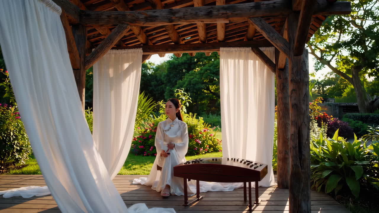 A woman playing a traditional Chinese instrument in a serene outdoor gazebo
